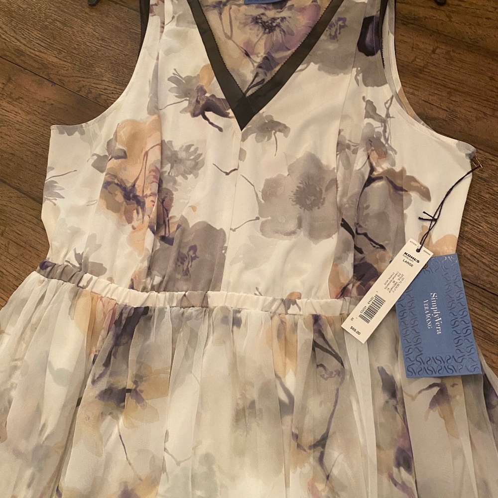 Simply Vera Wang L Etheral Move Sleeveless Dress Cream Black Trim Floral Print